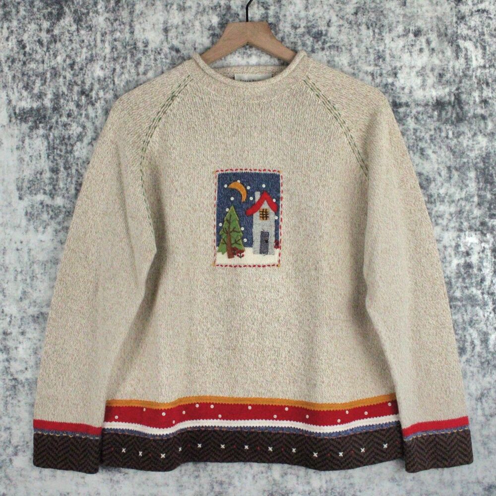 VTG Susan Bristol Sweater Women's Sz L Beige Hand Embroidered Raglan Sleeve